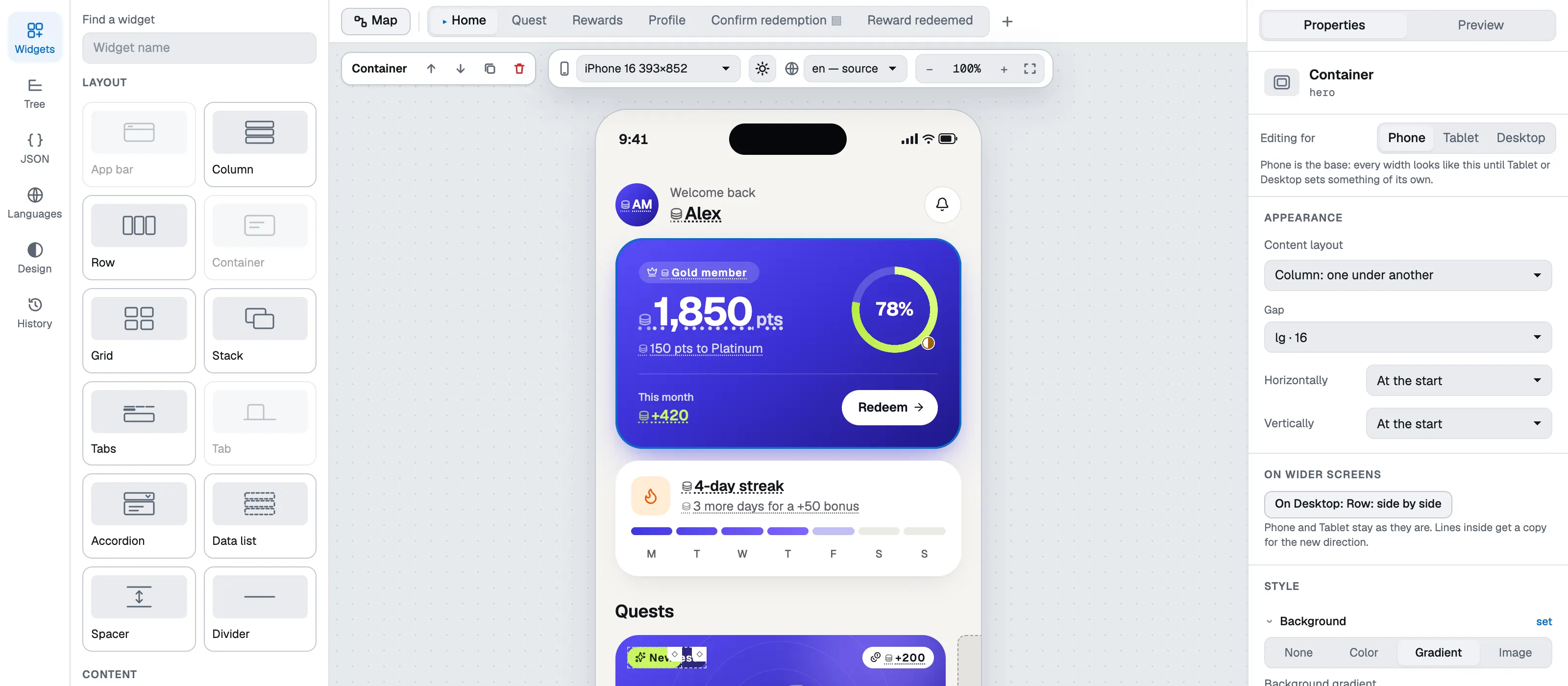 The HotLayout editor: a widget palette on the left, a phone with a rewards screen in the middle and, on the right, the properties of the selected balance card with a gradient picker.